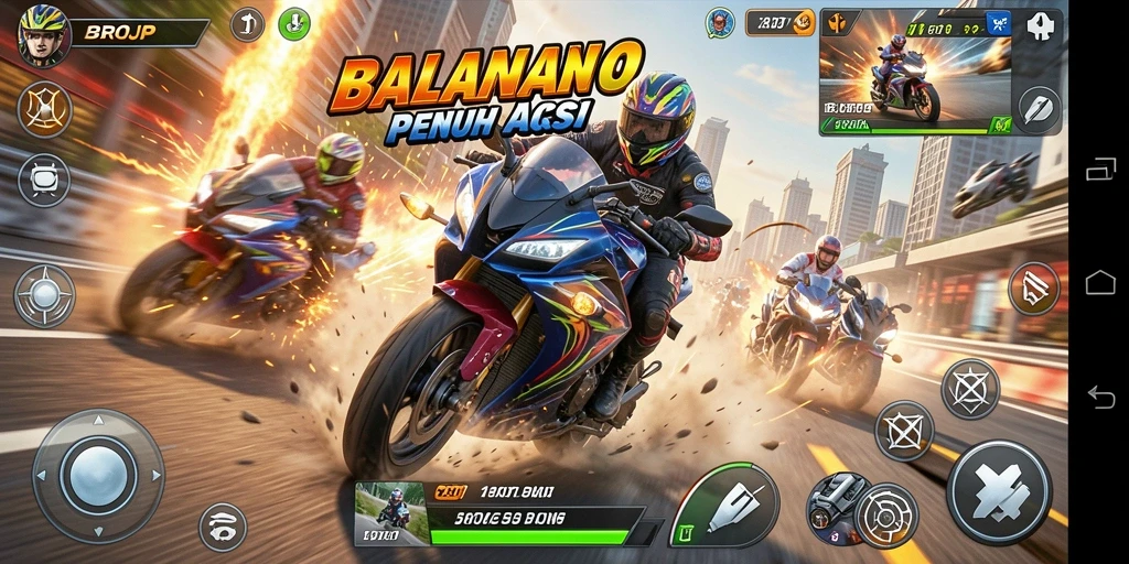 Tampilan gameplay BROJP yang memukau saat balapan motor.