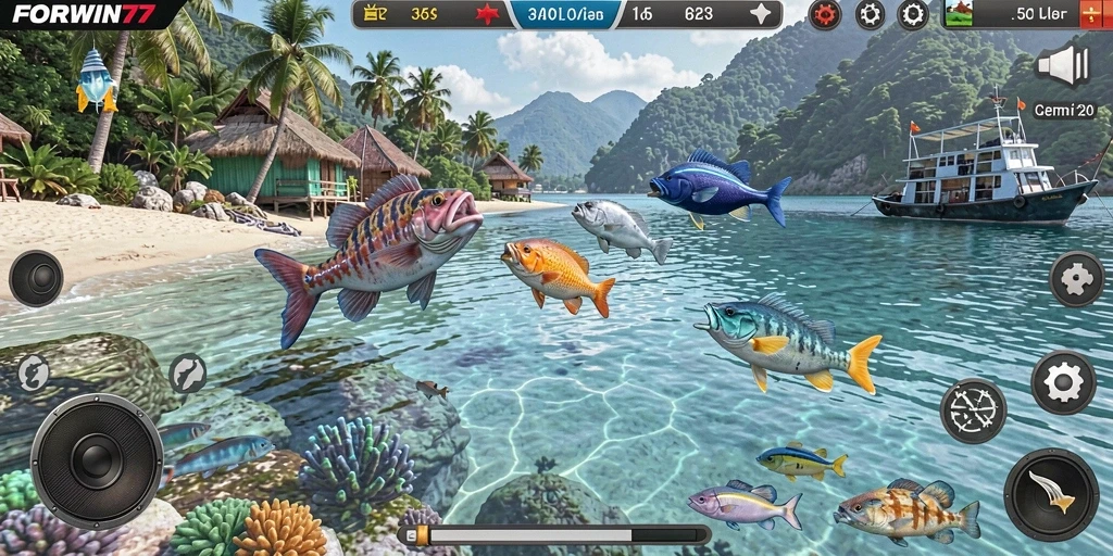 Screenshot gameplay FORWIN77 menampilkan aksi seru menembak ikan.