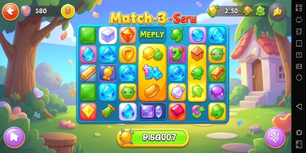 Screenshot PRG007 menampilkan gameplay Match-3 yang seru dan penuh warna.