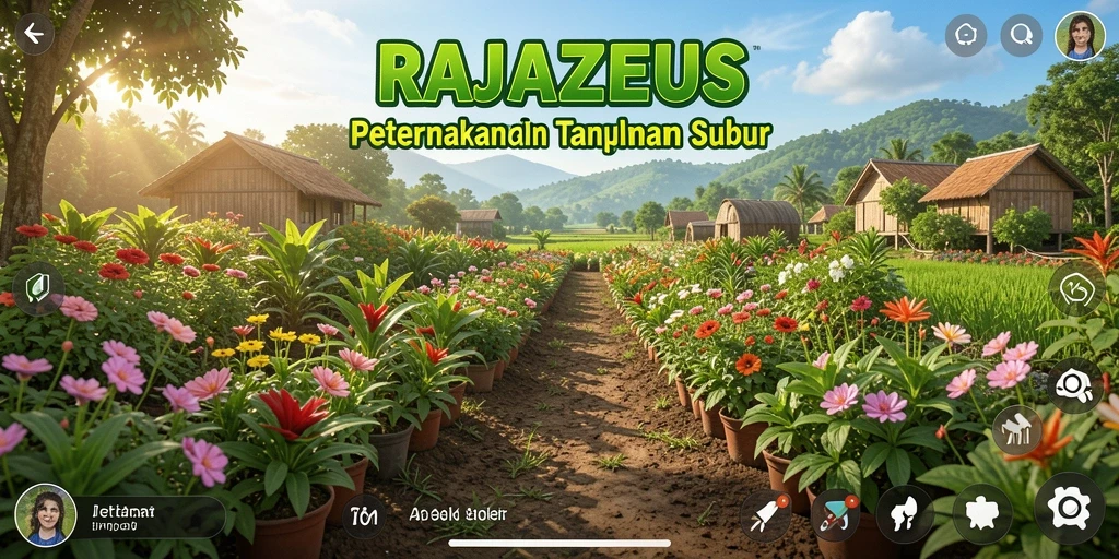 Tampilan gameplay RAJAZEUS dengan ladang yang subur dan hewan ternak.