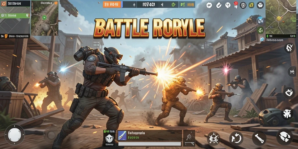Screenshot gameplay RR44 menampilkan aksi seru dalam pertarungan Battle Royale.